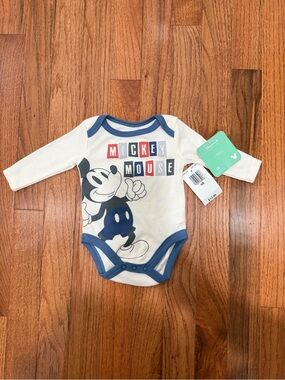 Disney Cream and Blue Mickey Mouse Long-Sleeve One-Piece Bodysuit